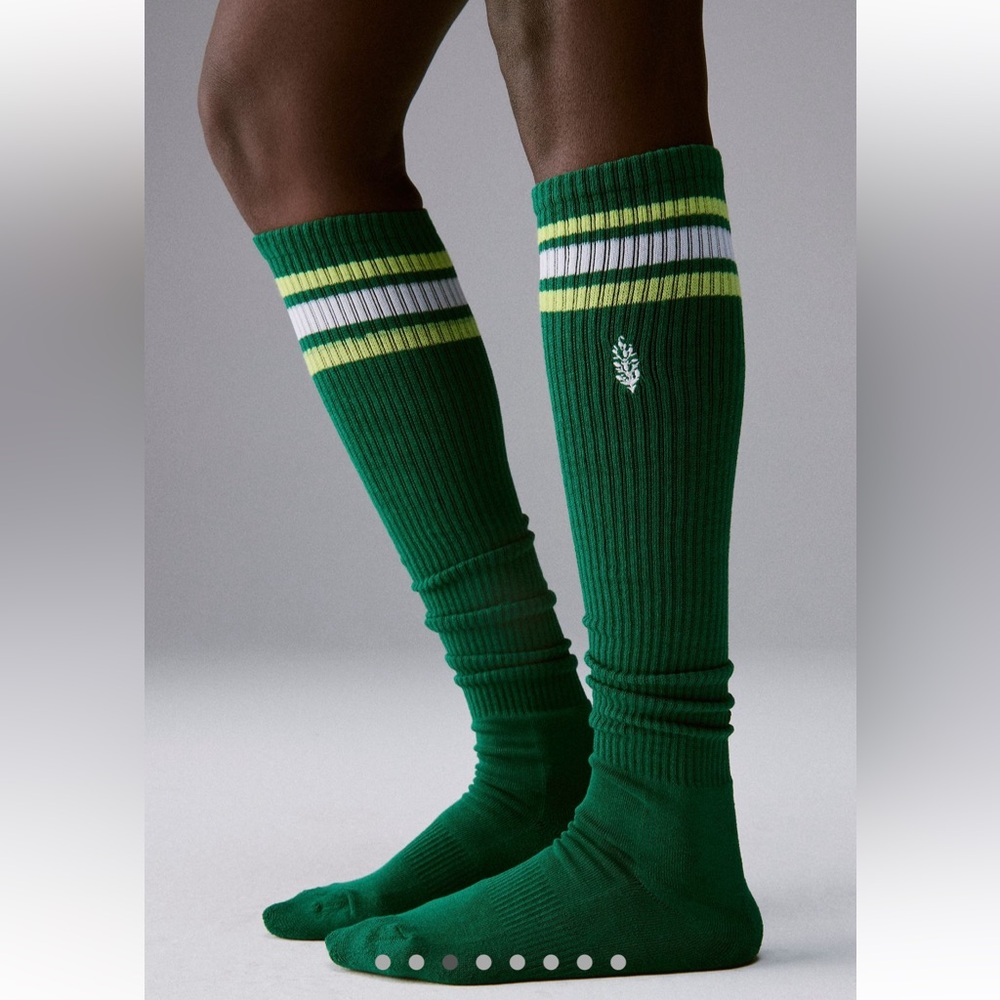 FP Movement X Lucky Honey Collab. Retro Stripe Knee High Logo Tube Socks Green